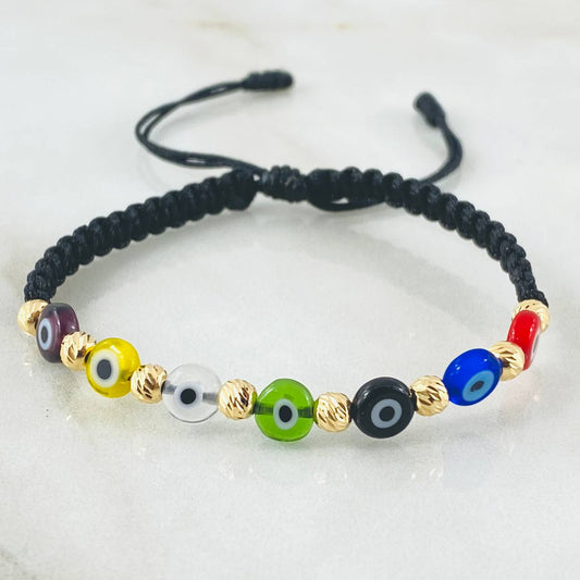 Pulsera Negra Ojos Turcos Colores 0.85gr / Oro Amarillo 18K (A.C)