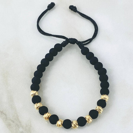 Pulsera Negra Bolas / Oro Diamantadas 5mm 8 und Amarillo 18K (A.C)