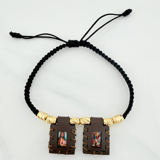 Pulsera Tejida Negra Escapulario Cilindros Diamantados 6Und Oro Amarillo 18K