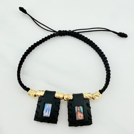 Pulsera Tejida Negra Escapulario Cilindros Diamantados 6Und Oro Amarillo 18K