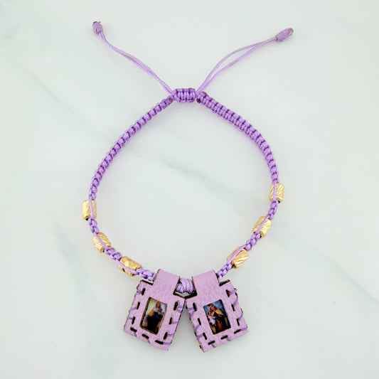 Pulsera Tejida Lila Escapulario Cilindros Diamantados 6Und Oro Amarillo 18K