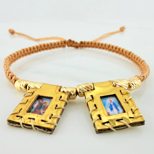 Pulsera Tejida Caqui Escapulario Cilindros Diamantados 6Und Oro Amarillo 18K