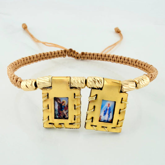 Pulsera Tejida Caqui Escapulario Cilindros Diamandos 6 Und Oro Amarillo 18K