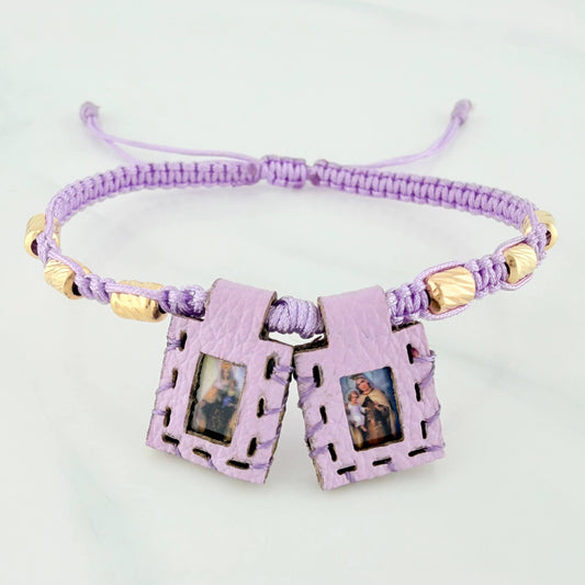 Pulsera Tejida Lila Escapulario Cilindros Diamantados 6 Und Oro Amarillo 18K