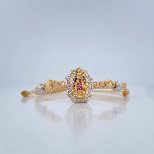 Pulsera Tejida Beige Vigen de Guadalupe 3gr / Dos Oros Amarillo Blanco 18K %