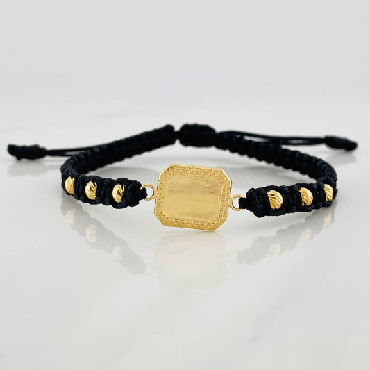 Pulsera Tejida Negra Placa Cuadrada Punteada Oro Amarillo 18K