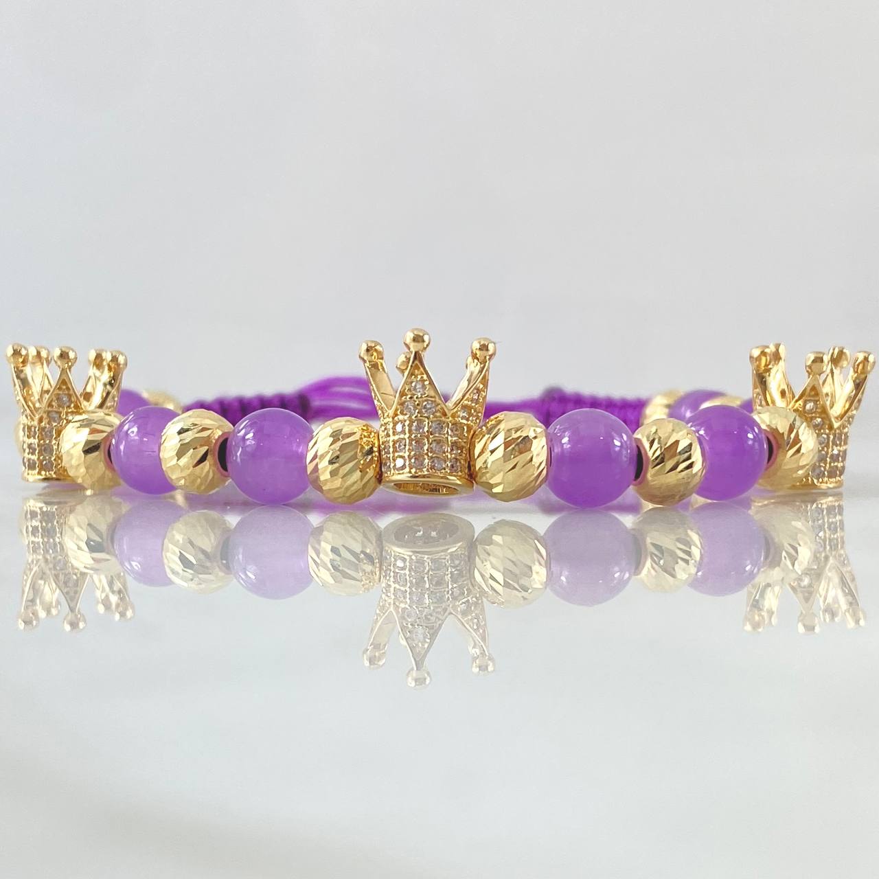 Pulsera Morada Herraje Corona Punteada 7.5gr / 6mm Bolas Diamantadas 12und Circones Blancos Oro Amarillo 18K * Pulsera Morada Herraje Corona Punteada 7.5gr / 6mm Bolas Diamantadas 12und Circones Blancos Oro Amarillo 18K *