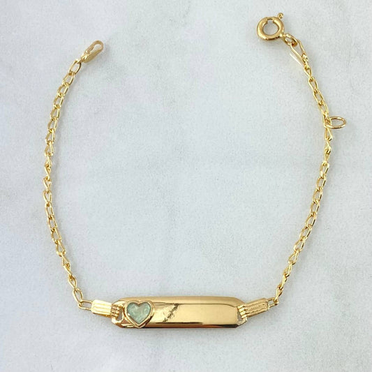 Pulso Bebé Espiga Placa Rectangular Corazón 1.65gr / 15cm-16cm / 1.6mm Resina Verde Graduable Oro Amarillo 18K