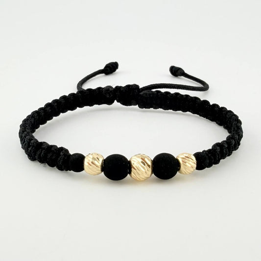 Pulsera Tejida Negra Neoprenos Bolas Diamantadas Oro Amarillo 18K