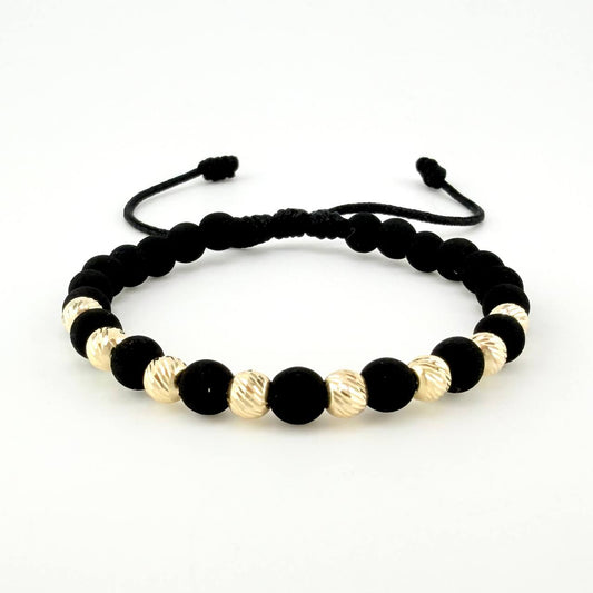 Pulsera Tejida Negra Neoprenos Bolas Diamantadas Oro Amarillo 18K