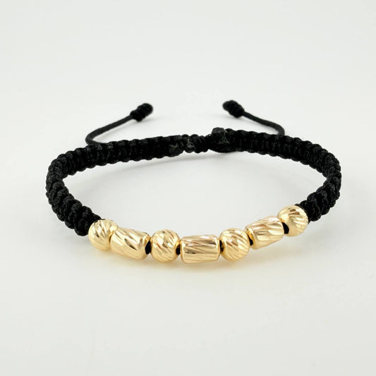 Pulsera Tejida Negra Cilindros Intercalados Bolas Diamantadas Oro Amarillo 18K