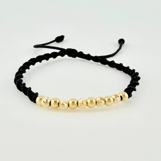 Pulsera Tejida Negra Bolas Diamantadas/ Lisas Oro Amarillo 18K