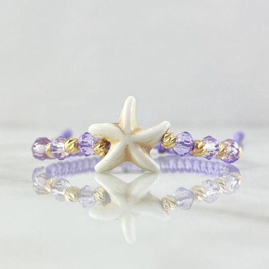 Pulsera Lila Estrella De Mar 3mm Bolas Diamantadas 8und Oro Amarillo 18K (A.C)