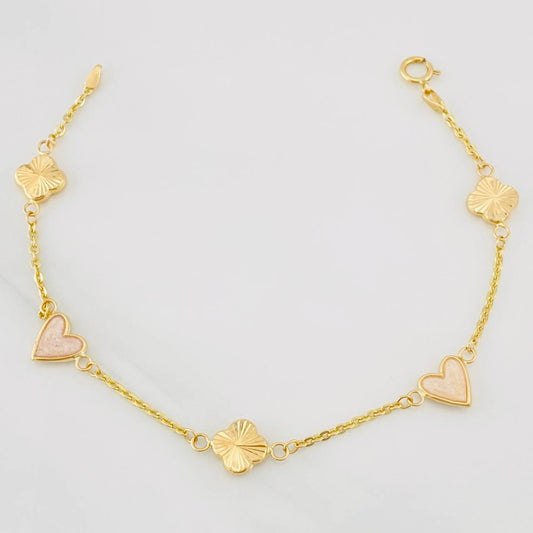 Pulso Aro Seguido Trebol Corazon 2.4g / 18cm / 0.96mm Oro Amarillo 18K