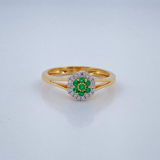 Anillo Halo Trebol Diamantes Esmeralda 3.15gr / T6 3/4 / Dos Oros Amarillo Blanco 18K %