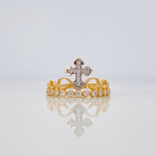 Anillo Corona Cruz 2.3 g / T6 1/2 Dos Oros Amarillo Blanco 18K