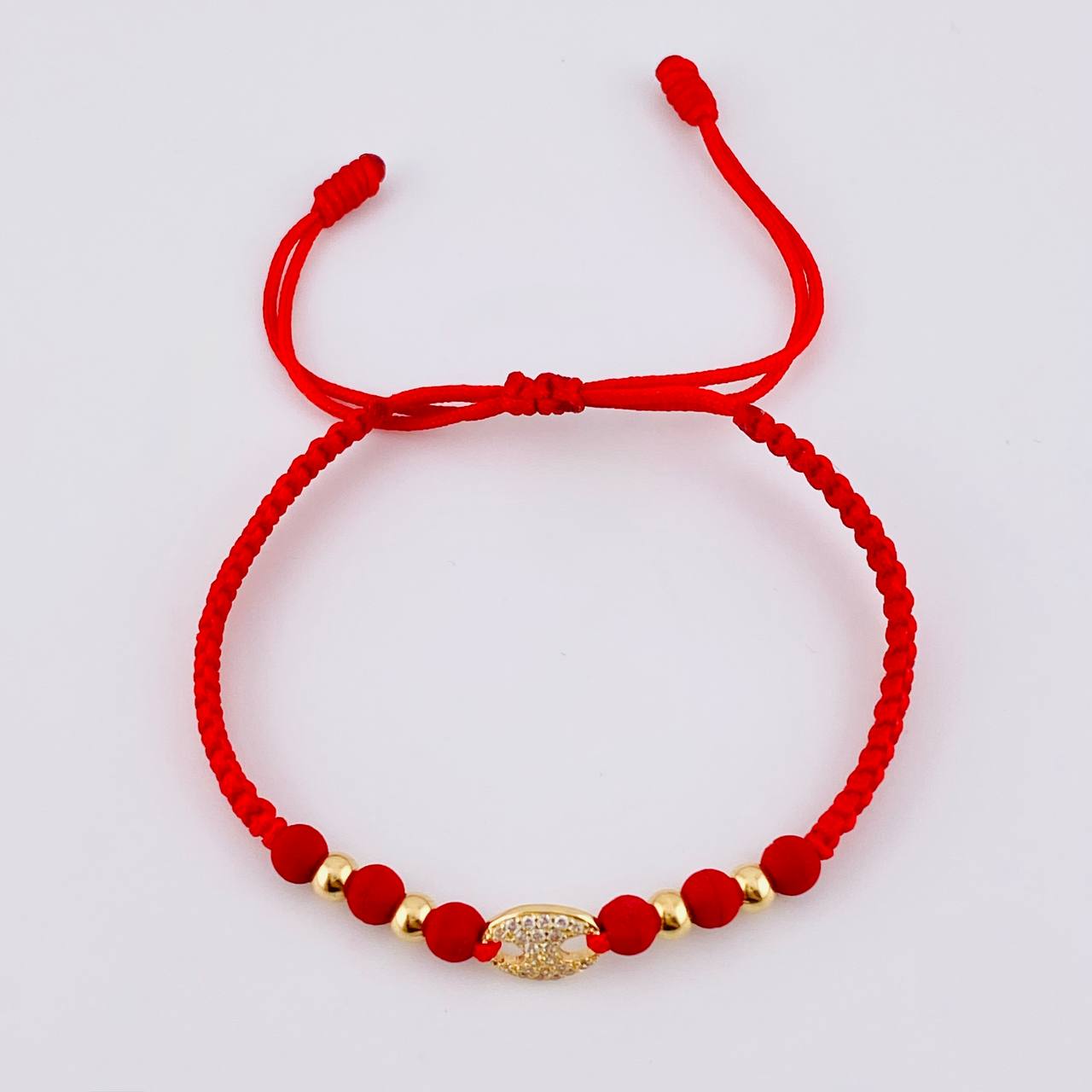 Pulsera Tejida Rojo Herraje de GC Bolas Lisas Oro Amarillo 18K