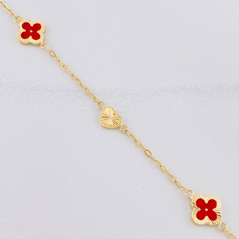 Pulso Trébol Intercalado Corazón Diamantados 2.85g / 18.7cm / 1.7mm Oro Amarillo 18K