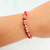 Pulsera Tejida Roja Ojos Turcos Oro Amarillo 18K