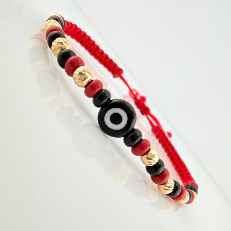 Pulsera Tejida Roja Ojo Turco Oro Amarillo 18K