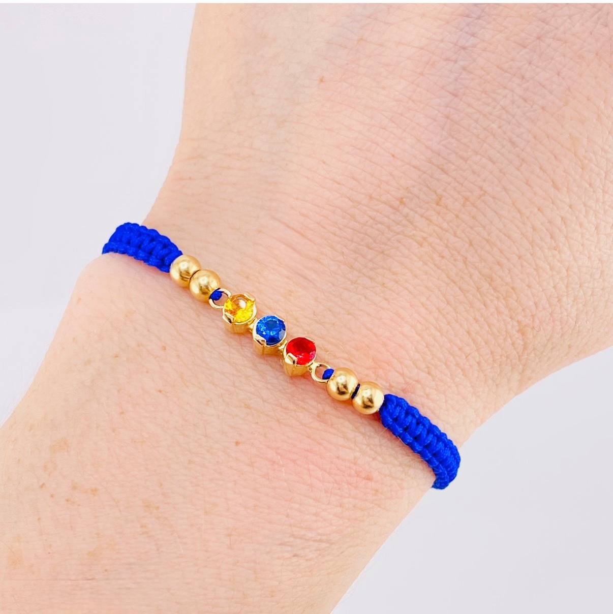 Pulsera Tejida Azul Trio Chispas Bolas Lisas Oro Amarillo 18K