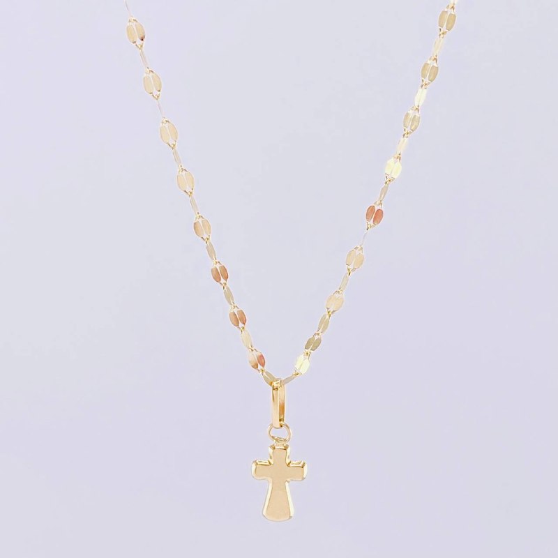 Set Cadena Flor Espejo + Dije Cruz / 1.25g / 45cm Oro Amarillo 18K