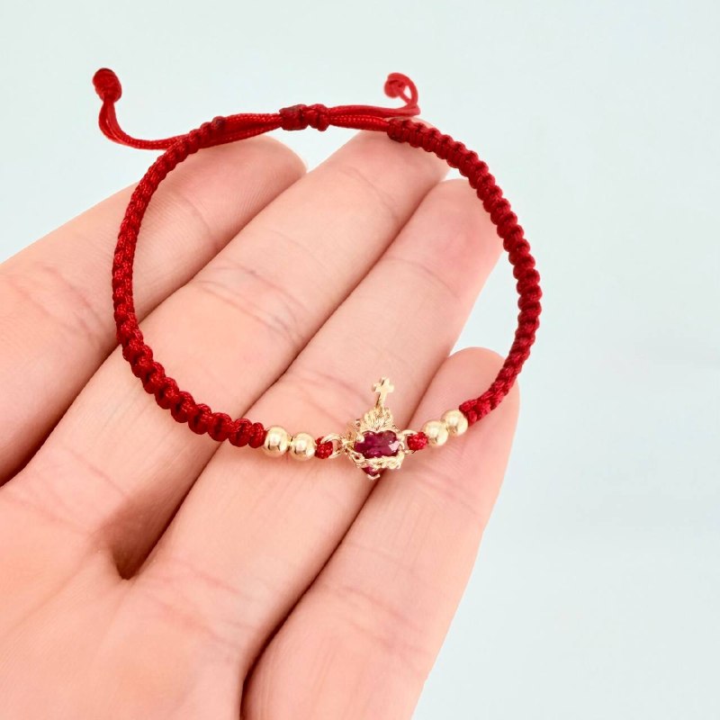 Pulsera Tejida Roja Herraje Sagrado Corazon Bolas Lisas Oro Amarillo 18K