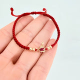 Pulsera Tejida Roja Herraje Sagrado Corazon Bolas Lisas Oro Amarillo 18K