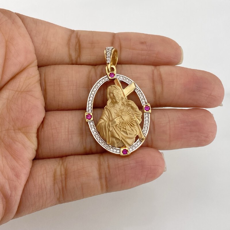 Dije Sagrado Corazon De Jesus 7.7 g / 4.3 cm Dos Oros Amarillo Blanco 18K