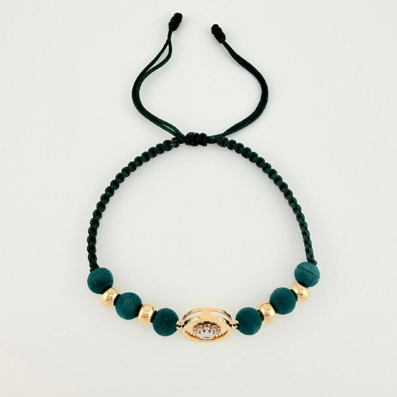 Pulsera Tejida Verde Circulo Corona Bolas Lisas Dos Oros Amarillo Blanco 18K