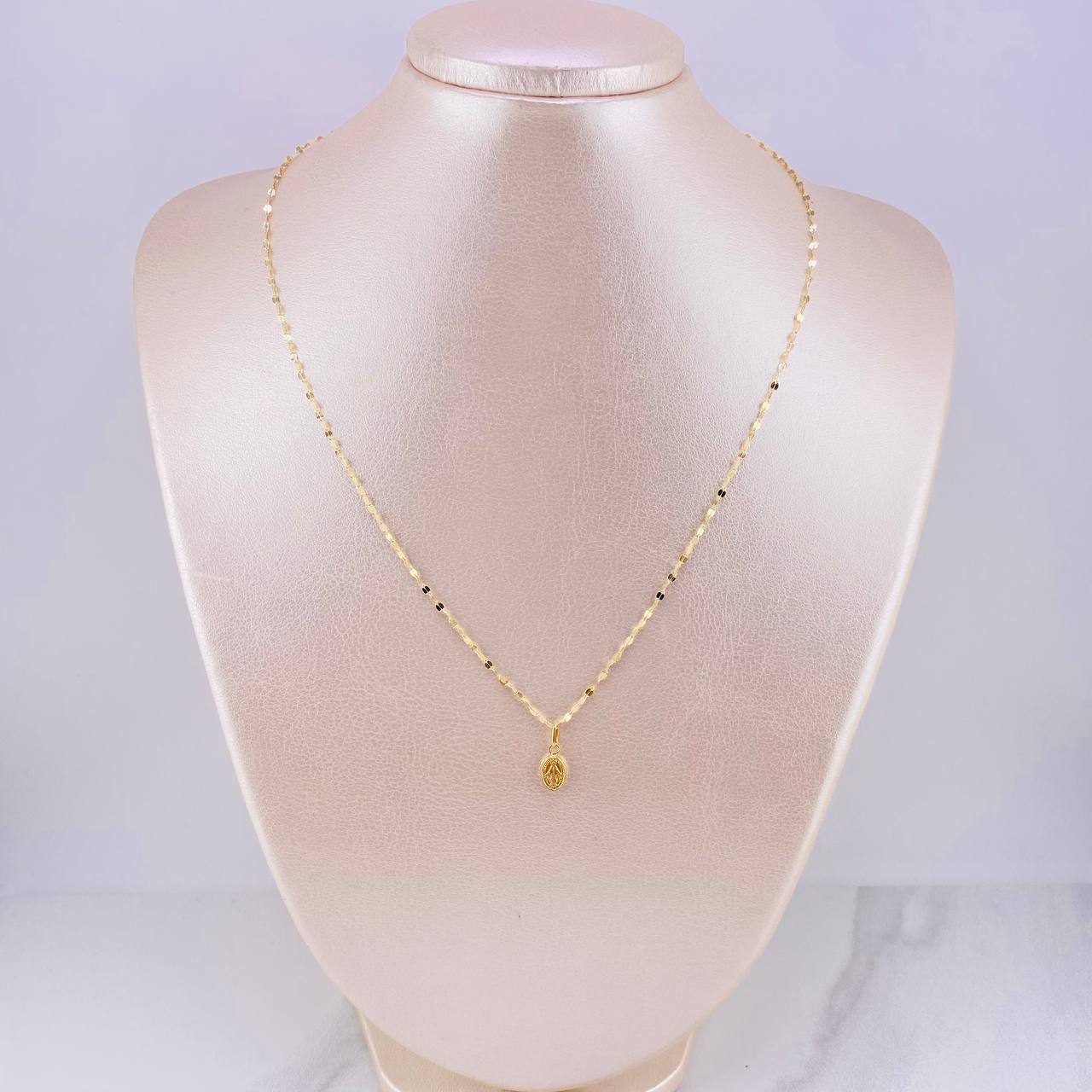 Set Cadena Flor Espejo + Dije Virgen Milagrosa / 1.3g / 45cm Oro Amarillo 18K