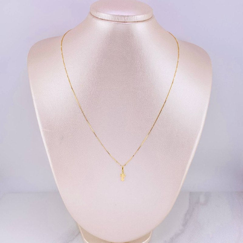 Set Cadena Flor Espejo + Dije Cruz / 1.25g / 45cm Oro Amarillo 18K