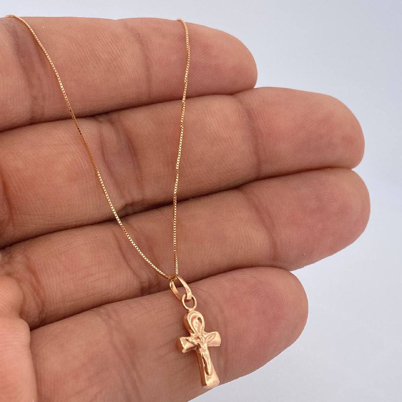 Set Cadena y Dije Veneciana + Cruz Cristo 1.5gr / Oro Rosa 18K (Oferta) $