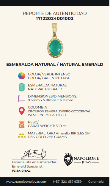 Dije Ovalo 2.8gr / 2.4cm / Diamantes 6pts Esmeralda 3.1 Qts Oro Amarillo 18K (Joya) ©