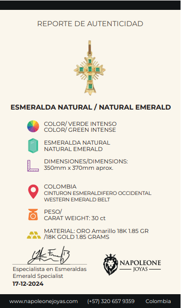 Dije Cruz de Altar 1.15gr / 2.5cm / Esmeraldas 30pts Oro Amarillo 18K (Joya)