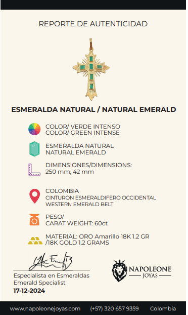 Dije Cruz de Altar 1.8gr / 3.5cm / Esmeraldas 60pts Oro Amarillo 18K (Joya) *