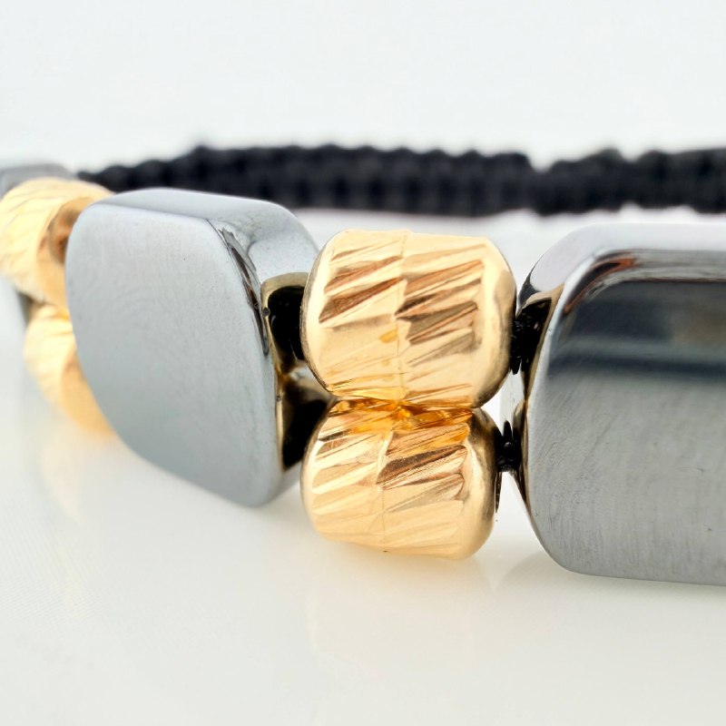 Pulsera Tejida Negra Hematita Oro Amarillo 18K