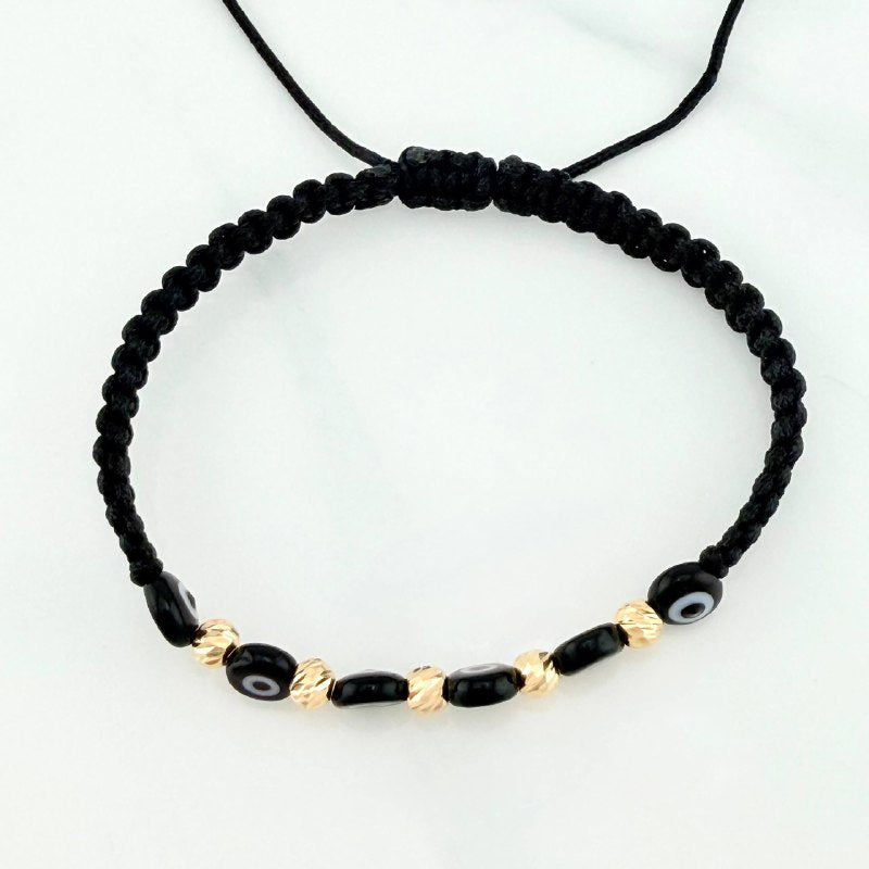 Pulsera Tejida Negra Ojos Turcos Negros Oro Amarillo 18K