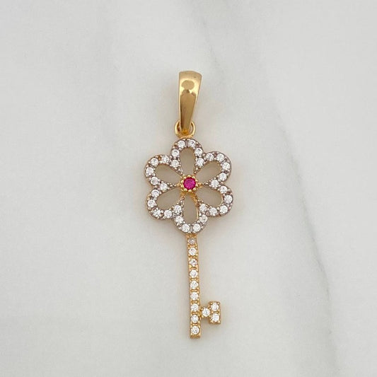 Dije Llave Flor 1.35gr / 3.3cm / Dos Oros Amarillo Blanco 18K