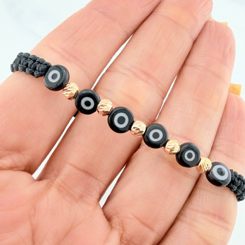 Pulsera Tejida Negra Ojos Turcos Negros Oro Amarillo 18K