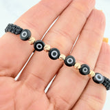 Pulsera Tejida Negra Ojos Turcos Negros Oro Amarillo 18K