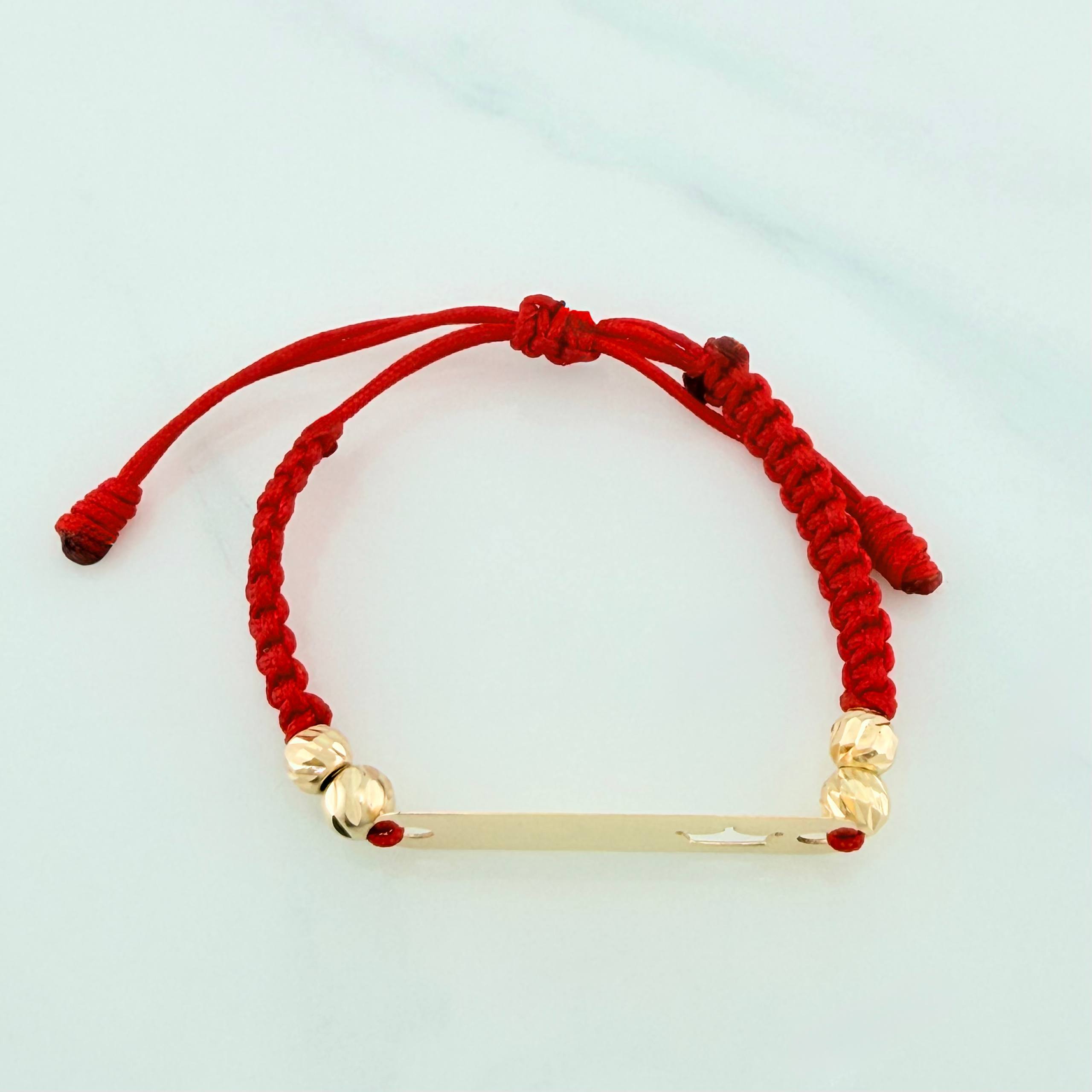 Pulsera Tejida Roja Placa Corona Oro Amarillo 18K