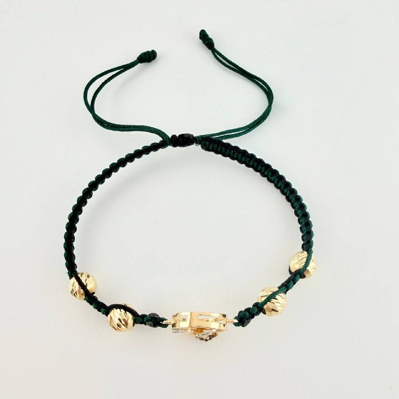 Pulsera Tejida Verde y Negra Herraje de San Miguel Arcángel Bolas Diamantadas Dos Oros Amarillo Blanco 18K