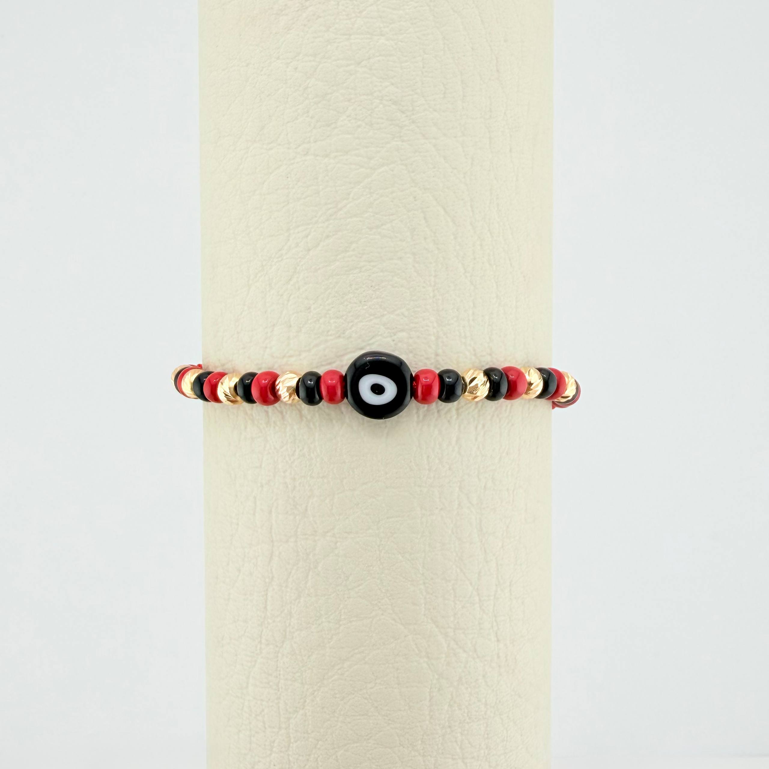 Pulsera Tejida Roja Ojo Turco Oro Amarillo 18K