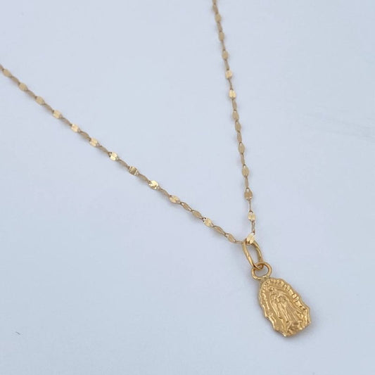 Set Cadena y Dije Flor Espejo + Virgen Guadalupe 0.6gr / Oro Amarillo 18K (Oferta) $