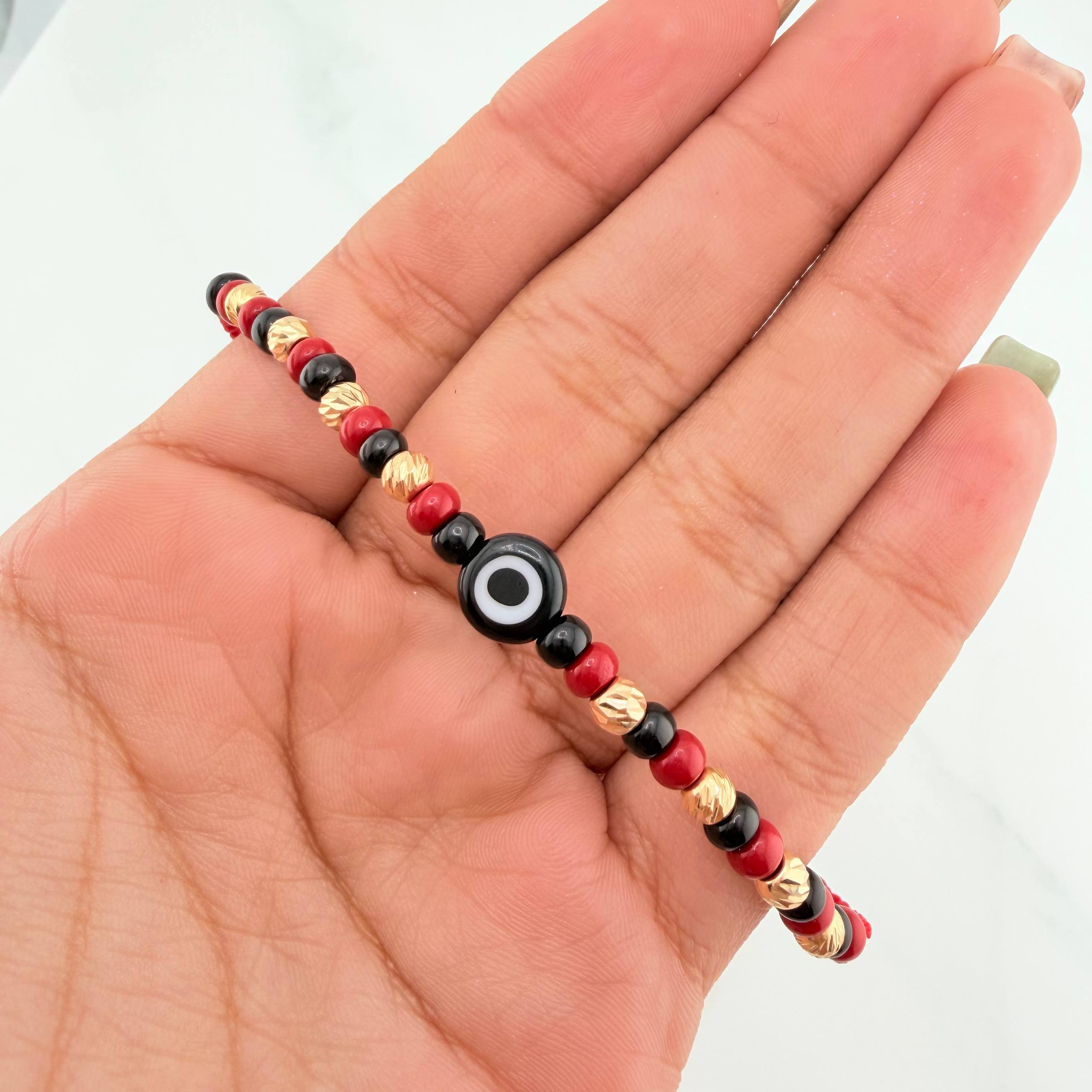 Pulsera Tejida Roja Ojo Turco Oro Amarillo 18K