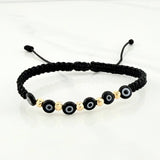 Pulsera Tejida Negra Ojos Turcos Negros Oro Amarillo 18K