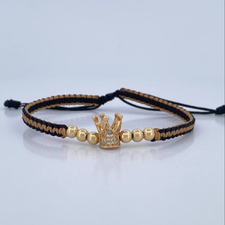 Pulsera Tejida Negra Beige Corona 2.15gr / Oro 18K $