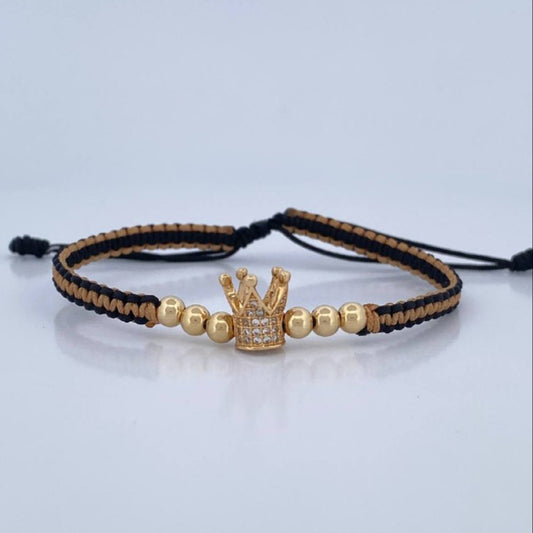 Pulsera Tejida Negra Beige Corona 2.15gr / Oro 18K $