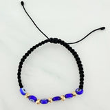 Pulsera Tejida Negra Ojos Turcos Azules Oro Amarillo 18K